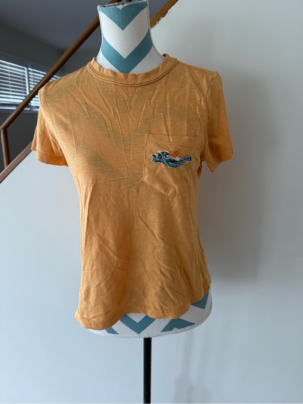 Pilcro Short-Sleeve Pocket Tee in Mustard with Wave Embroidery
